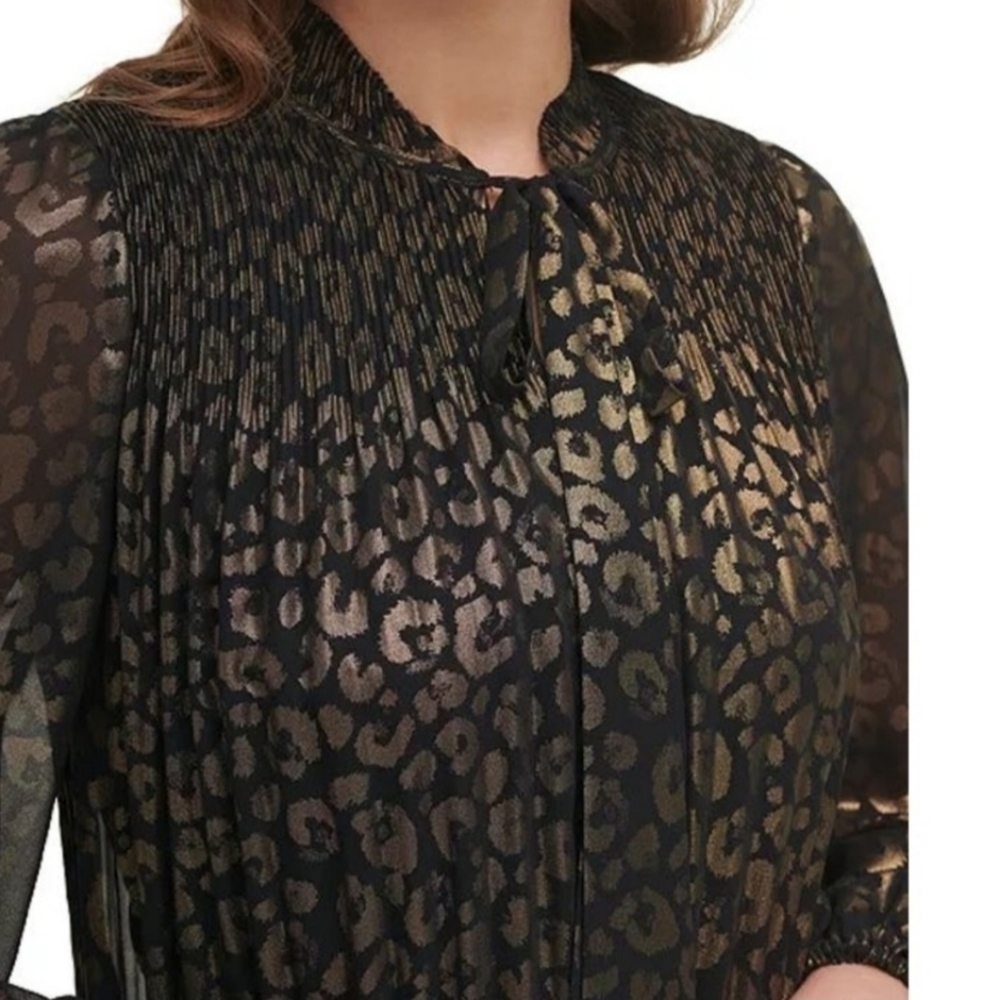DKNY Plus Size Leopard-Print Tie-Neck Pleated Dress - Picture 6 of 12
